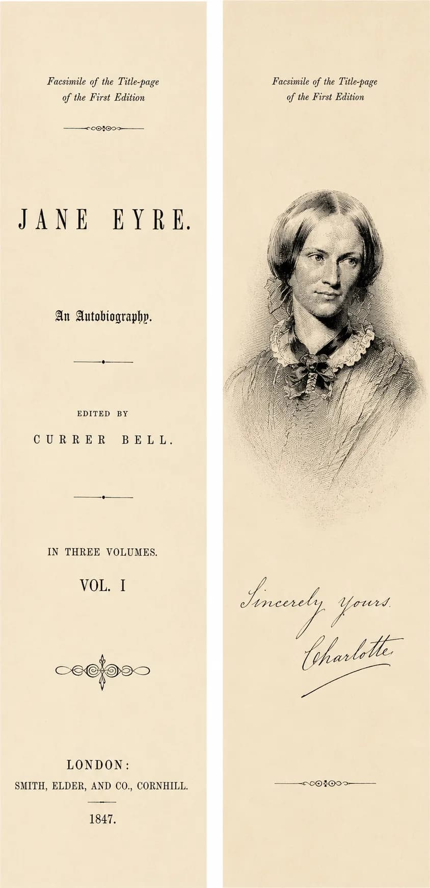 Two bookmark faces: the 1847 Jane Eyre title page, and a portrait of Charlotte Brontë