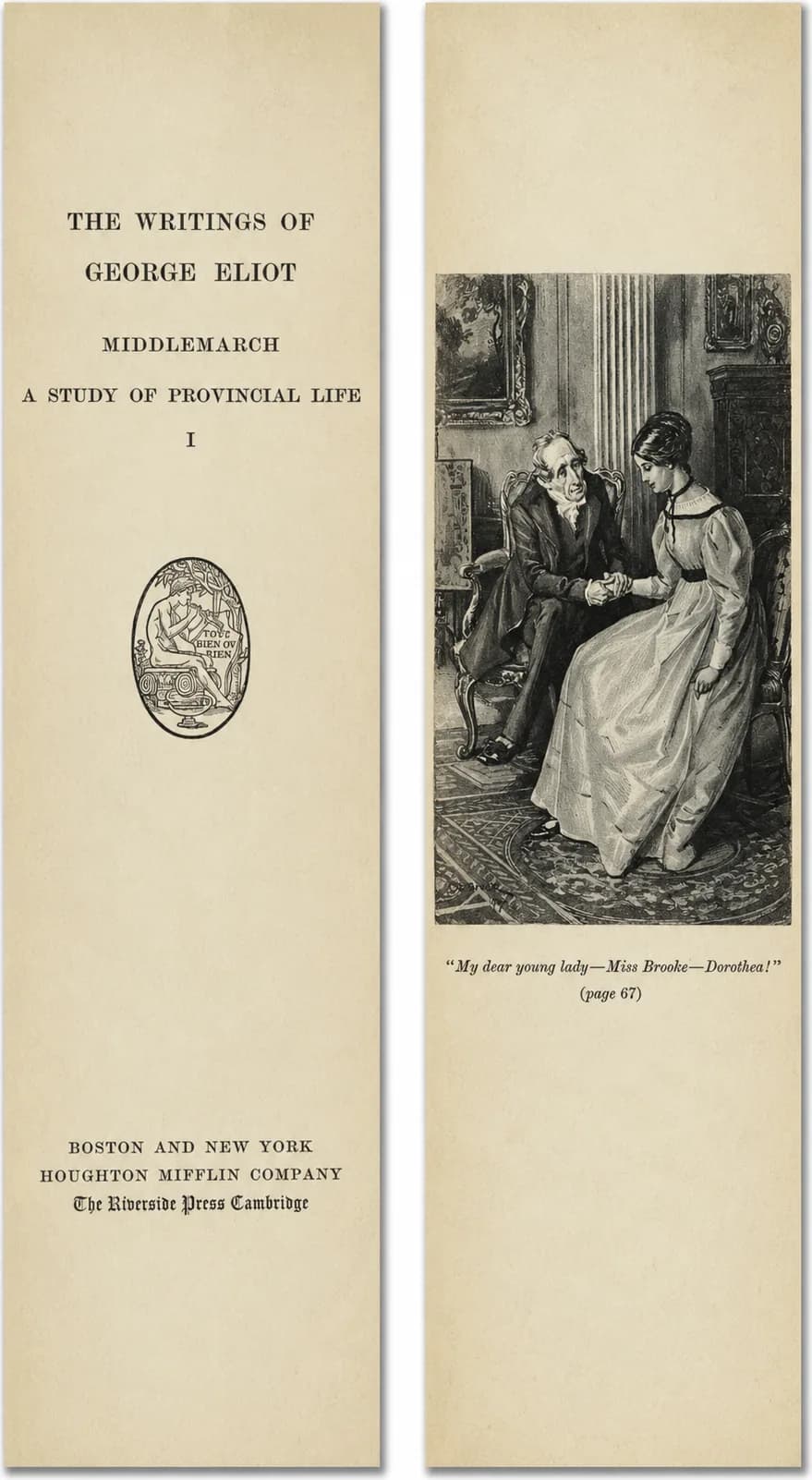 Two bookmark faces: the Middlemarch title page, and an illustration of Dorothea with Casaubon